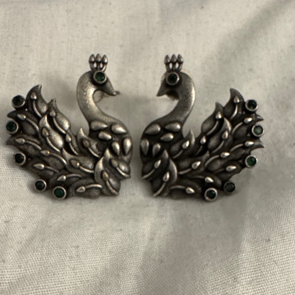 New oxidized Silver Peacock Earrings with Green Accents